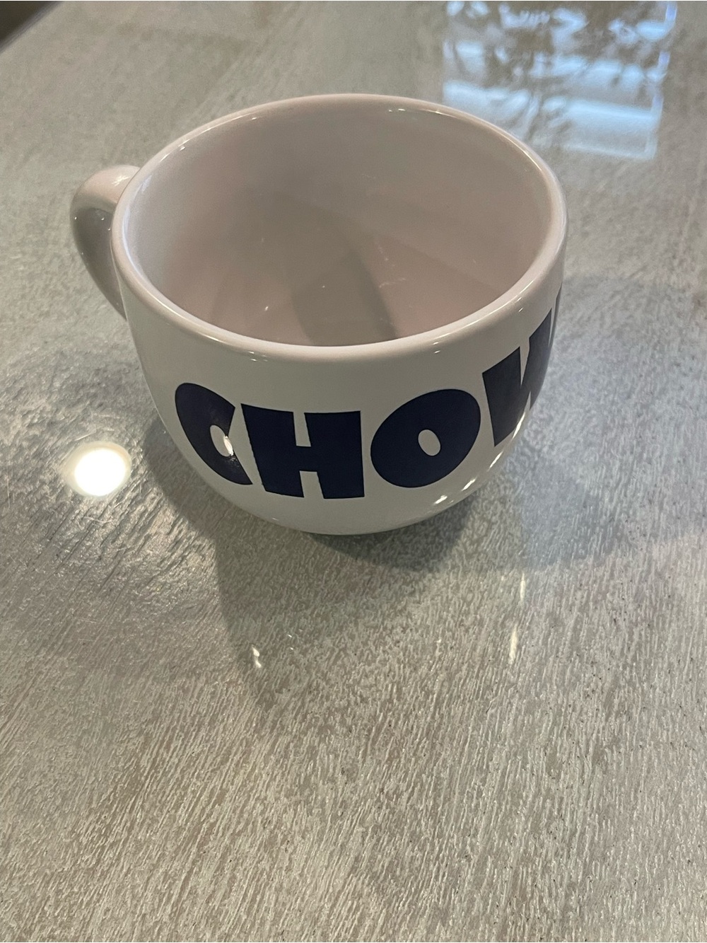 White Ceramic Mug with Navy 'CHOWDAH' Lettering